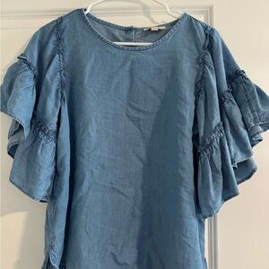 Loft Outlet Chambray Petite M 3/4 Length Bell Flutter Sleeve Top